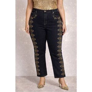 NWOT Size 14 Y2K glam black gold embroidered jeans new years western straight
